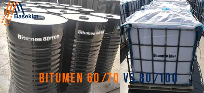 Bitumen 60/70 vs 80/100 comparison showing steel drums and IBC container packaging by Basekim.